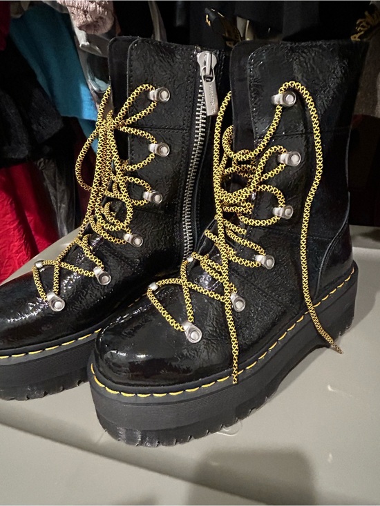 Dr. Martens Shoes - Dr. Martens Black Patent Platform Lace-Up Boots with Yellow Trim
